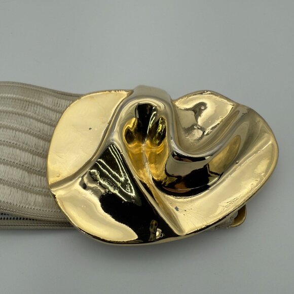 CHARMANT Gold-Tone Abstract Swirl Floral Elastic Stretch Belt, 2.5″ Wide 25.5" L - Picture 2 of 10